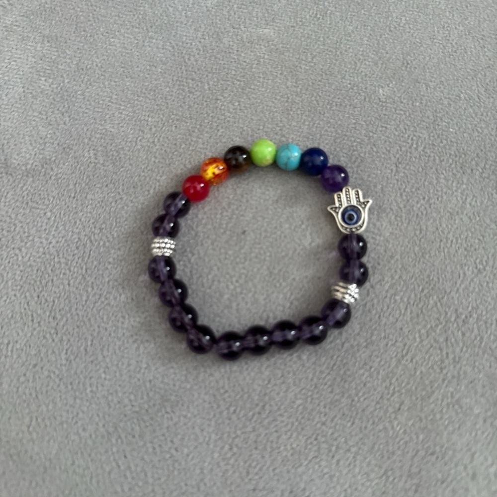 Amethyst Beaded Bracelet with Hamsa Charm